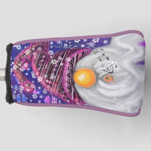 Happy Gnome in het Paarse Pet Zingt een kerstlied  Golfheadcover (Voorkant)