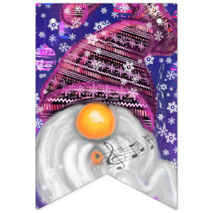 Happy Gnome in het Paarse Pet Zingt een kerstlied Vlaggetjes