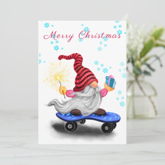 Happy Gnome met Gift Christmas Kaart (Staand voorkant)