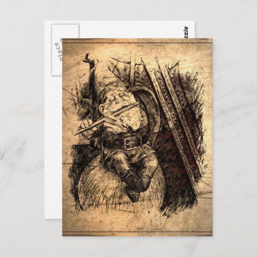 Happy Gnome zit op een paddenstoel en speelt een f Briefkaart (Voorkant / Achterkant)