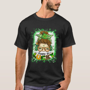 Happy go Lucky Messy Bun Meisje Iers St Patricks D T-shirt