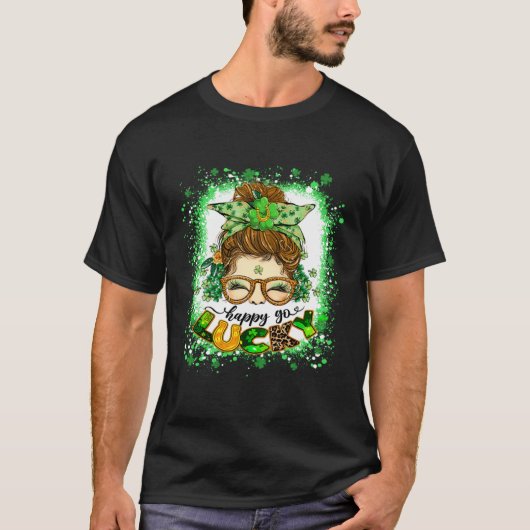 Happy go Lucky Messy Bun Meisje Iers St Patricks D T-shirt (Voorkant)