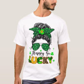 Happy Go Lucky Messy Bun Shamrock St Patricks Day T-shirt (Voorkant)