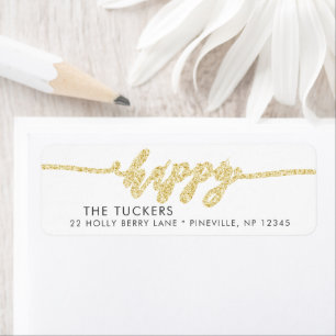 HAPPY Gold Glitter Script Vakantie Retouradres Etiket