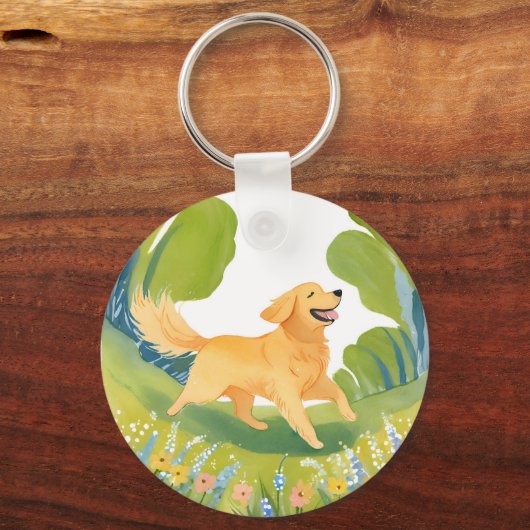 Happy Golden Retriever | Lichte Waterverf Kaart Sleutelhanger (Achterkant)