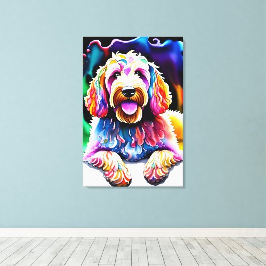 Happy Goldendoodle Kleurrijke Joyful Doodle Dog Canvas Afdruk (Insitu (Houten vloer))
