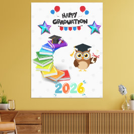Happy Graduation 2026 - Cute Owl & Books Canvas Afdruk