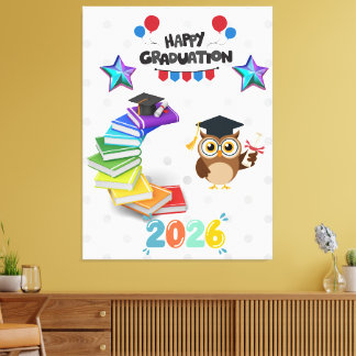 Happy Graduation 2026 - Cute Owl & Books Canvas Afdruk