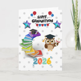 Happy Graduation 2026 - Cute Owl & Books Kaart