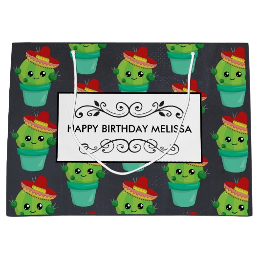 Happy Green Cactus in een Red Sombrero Pattern Groot Cadeauzakje (Voorkant)