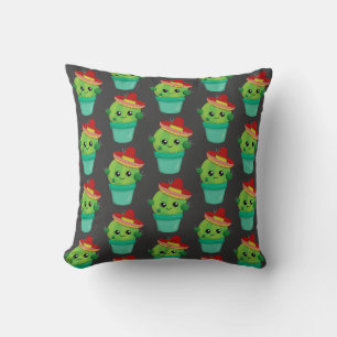 Happy Green Cactus in een Red Sombrero Pattern Kussen
