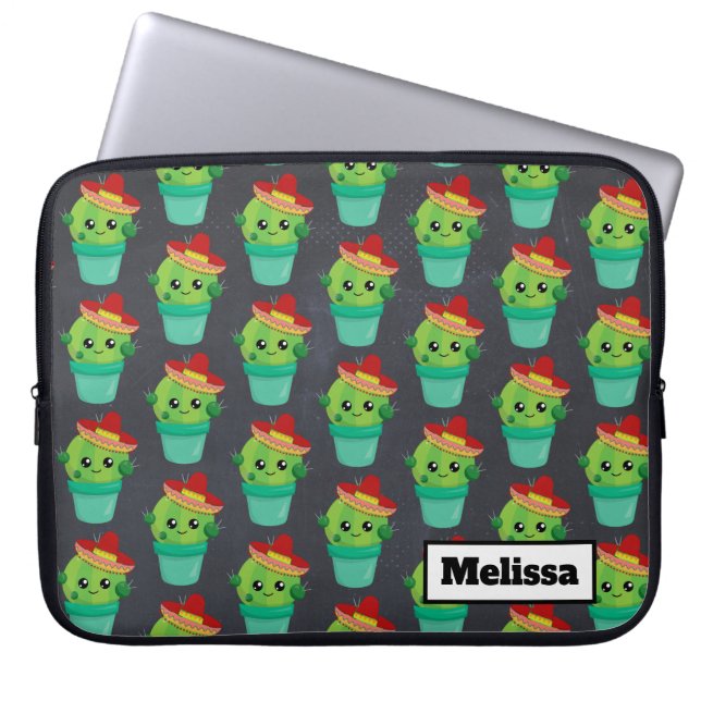 Happy Green Cactus in een Red Sombrero Pattern Laptop Sleeve (Voorkant)