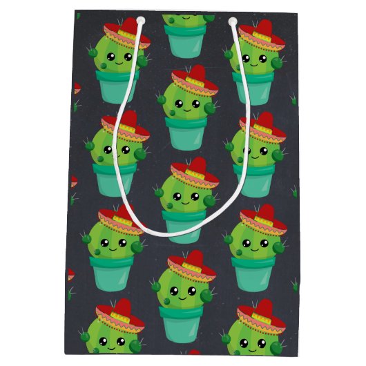 Happy Green Cactus in een Red Sombrero Pattern Medium Cadeauzakje (Achterkant)