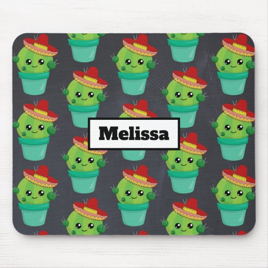 Happy Green Cactus in een Red Sombrero Pattern Muismat (Voorkant)