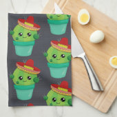 Happy Green Cactus in een Red Sombrero Pattern Theedoek (Quarter Fold)