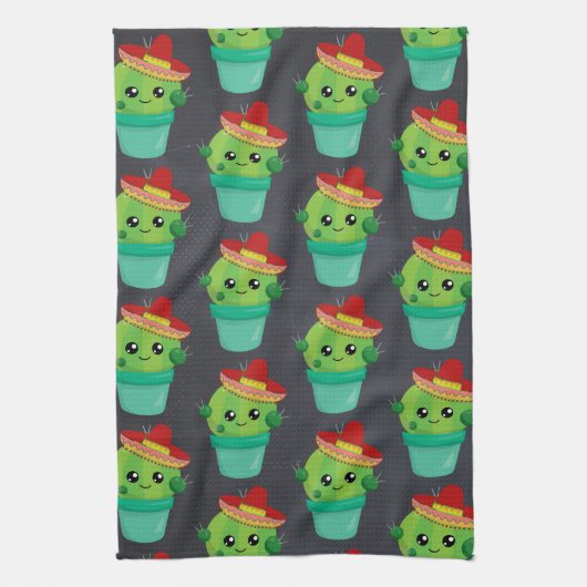 Happy Green Cactus in een Red Sombrero Pattern Theedoek (Verticaal)