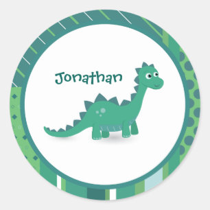 Happy green dinosaur, aangepaste naam verjaardagsj ronde sticker