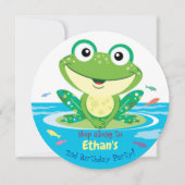 Happy Green Frog in Pond, 2e verjaardag Party Kaart (Voorkant)