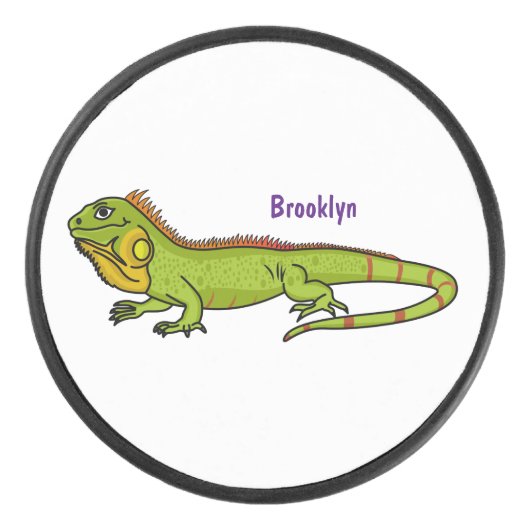 Happy green iguana cartoon illustratie hockey puck (Voorkant)