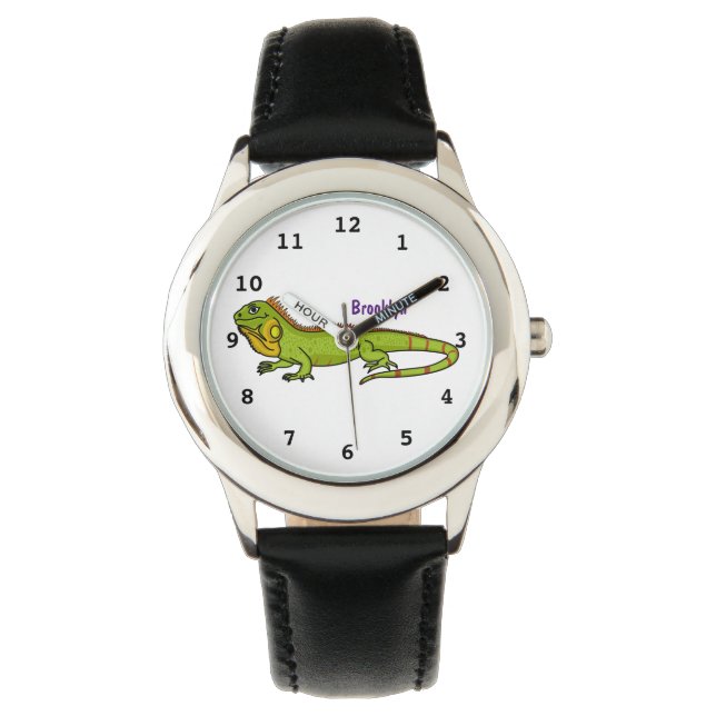 Happy green iguana cartoon illustratie horloge (Voorkant)