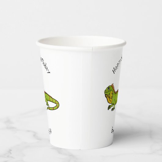 Happy green iguana cartoon illustratie papieren bekers (Rechts)