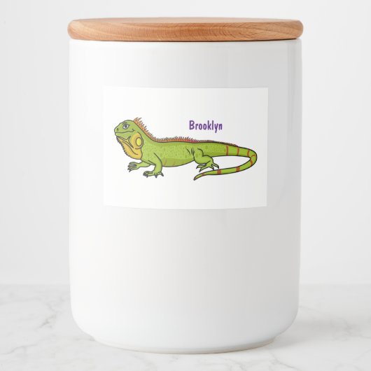 Happy green iguana cartoon illustratie voedselcontainer etiket (Voorkant)