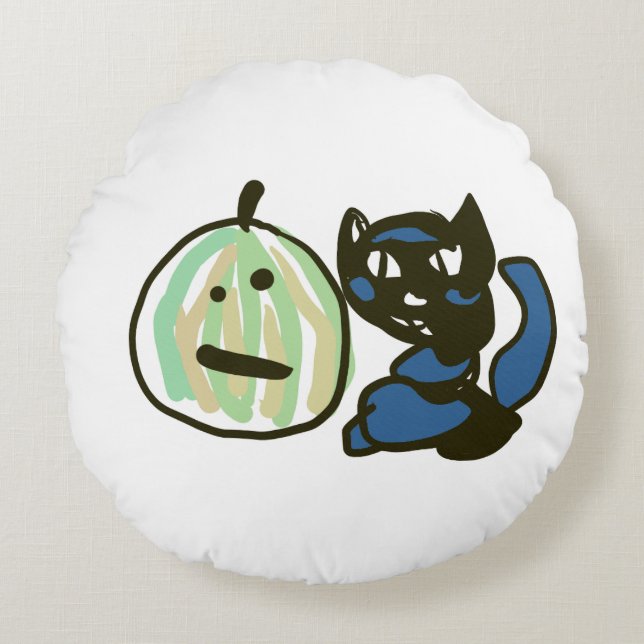 Happy Green Jack o Lantern Black Cat  Rond Kussen (Voorkant)