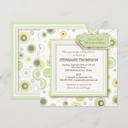 Happy Green Stippen Neutraal Baby shower Uitnodigi Kaart (Voorkant / Achterkant)