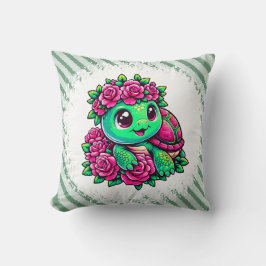 Happy Green Turtle with Pink Roses Kussen
