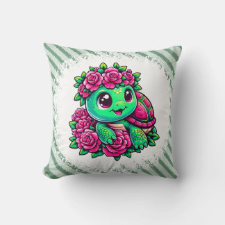 Happy Green Turtle with Pink Roses Kussen