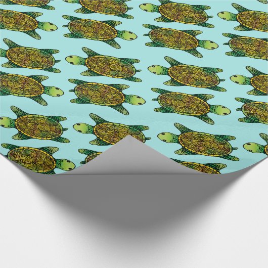 Happy Green Waterverf Ink Drawn Turtle Pattern Cadeaupapier (Hoek)