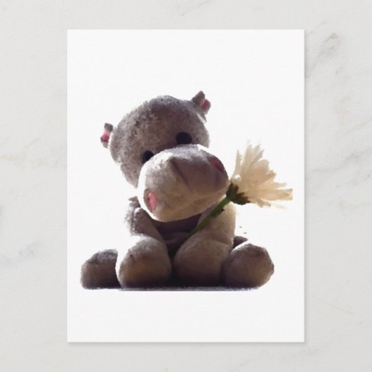 Happy Grey Hippo Holding Daisy, Schattigee liefdes Briefkaart (Voorkant)