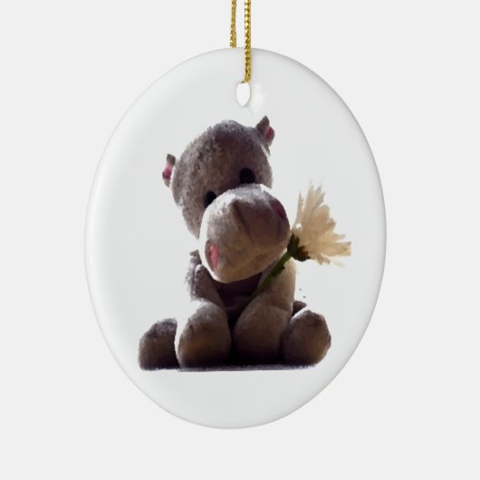 Happy Grey Hippo Holding Daisy, Schattigee liefdes Keramisch Ornament (Rechts)