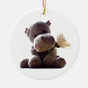 Happy Grey Hippo Holding Daisy, Schattigee liefdes Keramisch Ornament