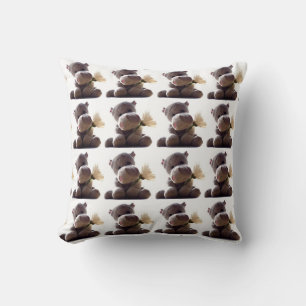 Happy Grey Hippo Holding Daisy, Schattigee liefdes Kussen