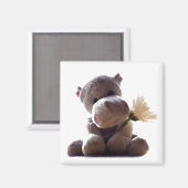 Happy Grey Hippo Holding Daisy, Schattigee liefdes Magneet (Voorkant / Achterkant)