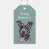 Happy Grey Pit Bull Dog Verjaardag Cadeaulabel (Voorkant)