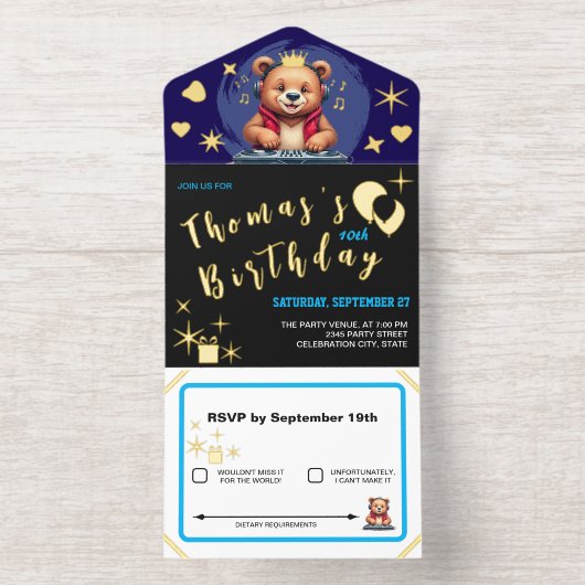 Happy Grizzly Beer DJ, Muziek Oerwoud / Verjaardag All In One Uitnodiging (Binnenkant)