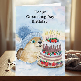 Happy Groundhog Day Birthday Groundhog with Cake Kaart