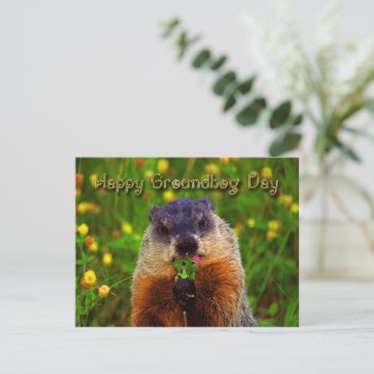 Happy Groundhog Day Eating Flower Briefkaart (Staand voorkant)