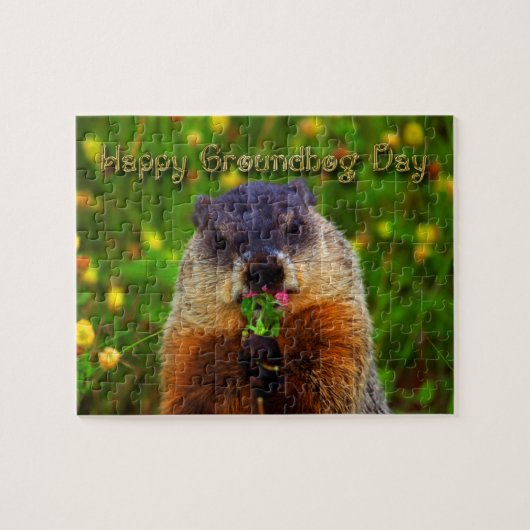 Happy Groundhog Day Eating Flower Legpuzzel (Horizontaal)