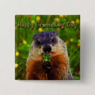 Happy Groundhog Day Eating Flower Vierkante Button 5,1 Cm