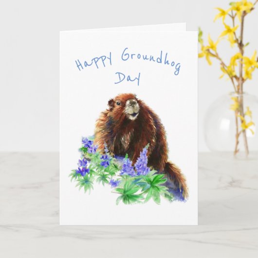 Happy Groundhog Day Fun Spring Animal Waterverf Kaart (Gele Bloem)
