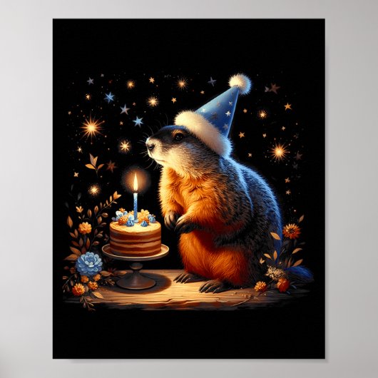 Happy Groundhog Day Ground Hog With Birthday Cake  Poster (Voorkant)