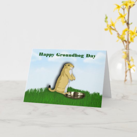 Happy Groundhog Day met grondhoefschaduw op gras Kaart (Gele Bloem)