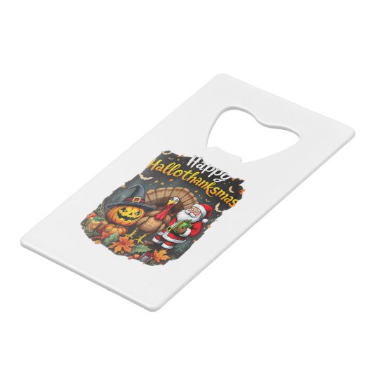 Happy Hallo Bedankt mas Merry Christmas Santa Clau Creditkaart Flessenopener (Voorkant Gekanteld)