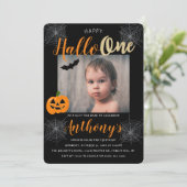 Happy Hallo-one Halloween 1st Birthday Foto Kaart (Staand voorkant)