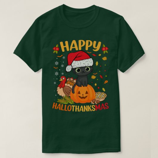 Happy HalloBedanktMas Black Cat Santa Hat Holiday  T-shirt (Design voorkant)