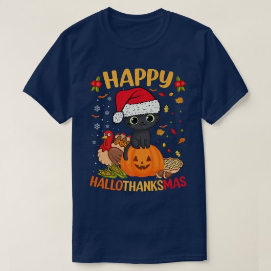 Happy HalloBedanktMas Black Cat Santa Hat Holiday  T-shirt (Design voorkant)