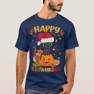 Happy HalloBedanktMas Black Cat Santa Hat Holiday  T-shirt